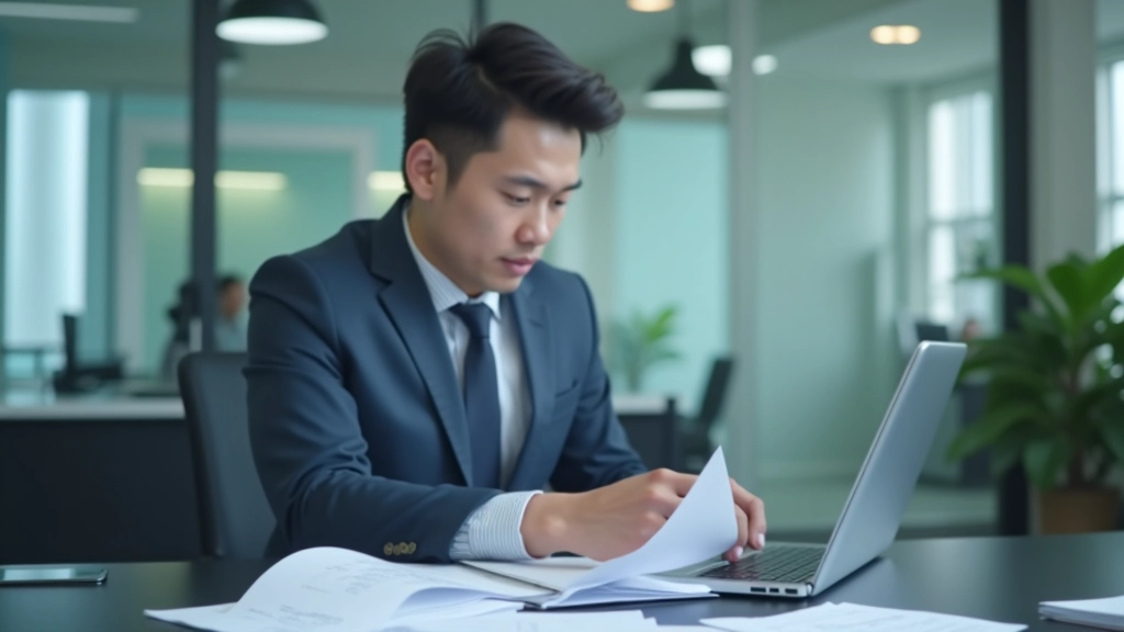 Professional accountant working at desk with financial spreadsheet and calculator, organized workspace with documents
