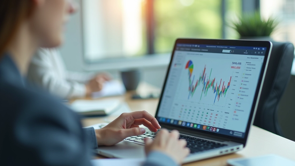 Business professional analyzing financial metrics and cash flow data on computer screen in office