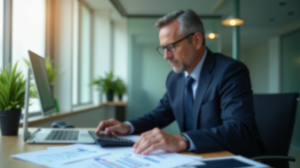 Financial advisor at desk reviewing budget spreadsheet and financial documents with pen and calculator