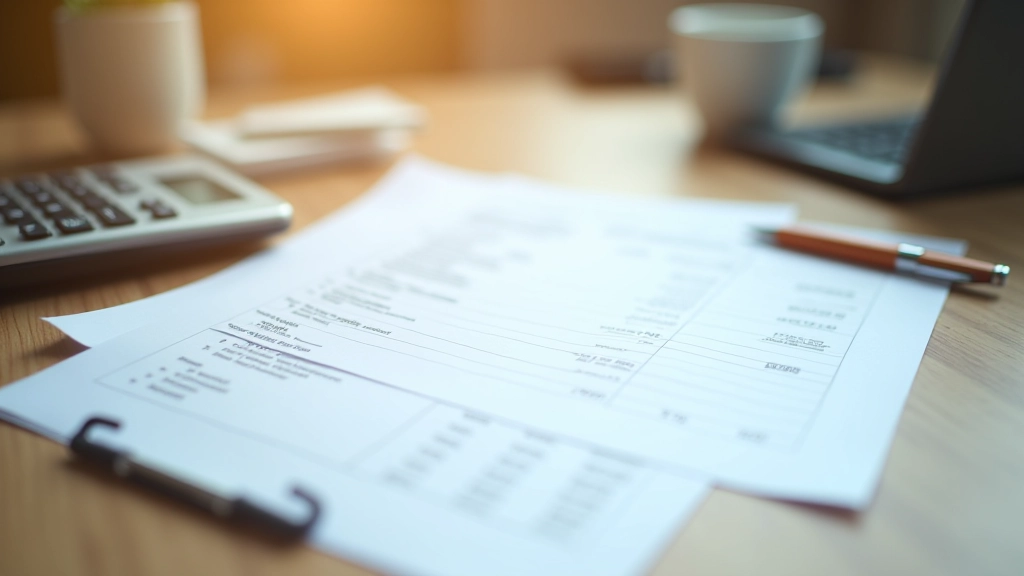 Payment processing documents and financial papers organized on workspace with calculator