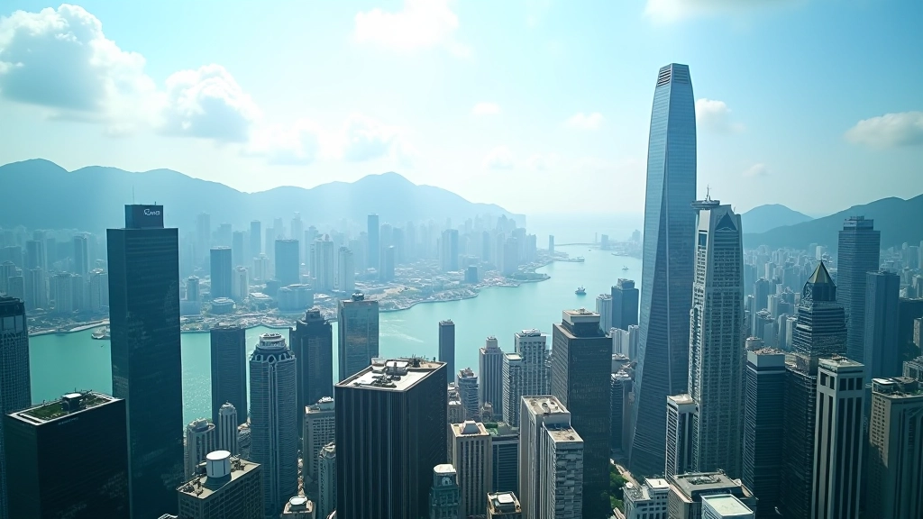 Hong Kong business district with modern office buildings and financial center skyline, daytime view with clear visibility